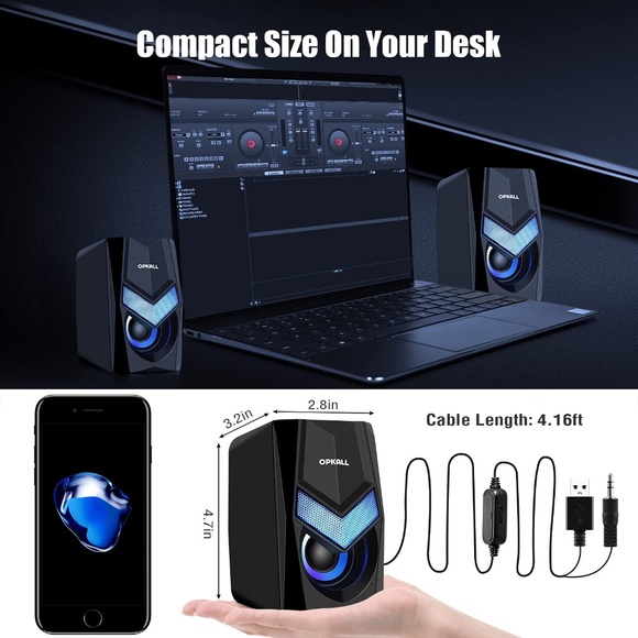 OPKALL Mini Colorful LED Light Computer Speaker, USB, 3.5mm Cable - Picture 6 of 8